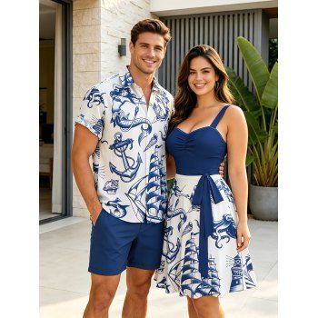 Vacation Couple Outfit Mermaid Dolphin Ship Ocean Elements Pattern Ruched Bust Belt Dress and Button Up Shirt Matching Outfit