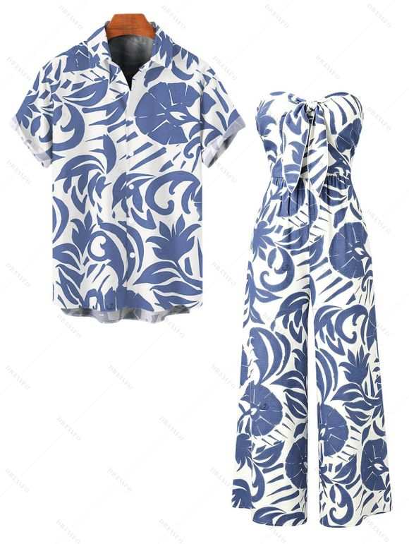 Vacation Couple Outfit Botanical Leaf Print Bowknot Off the Shoulder Jumpsuit and Shirt Set - Bleu clair S | US 4