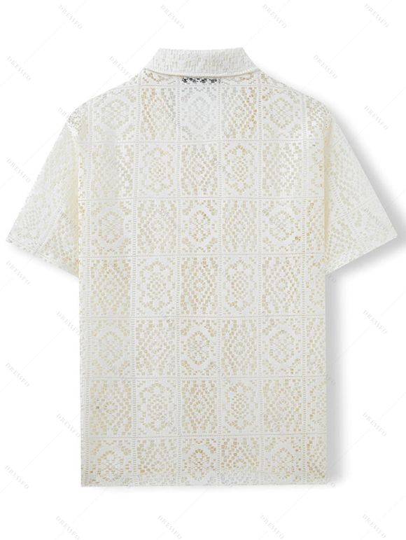 Men's Casual Shirt Solid Color Floral Lace Hollow Out Button Up Shirt - Blanc de Crème 3XL