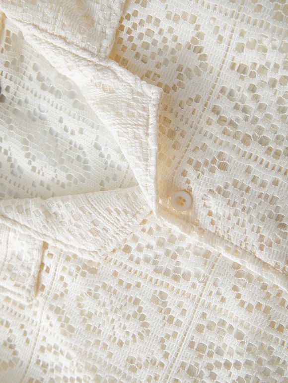 Men's Casual Shirt Solid Color Floral Lace Hollow Out Button Up Shirt - Blanc de Crème 3XL