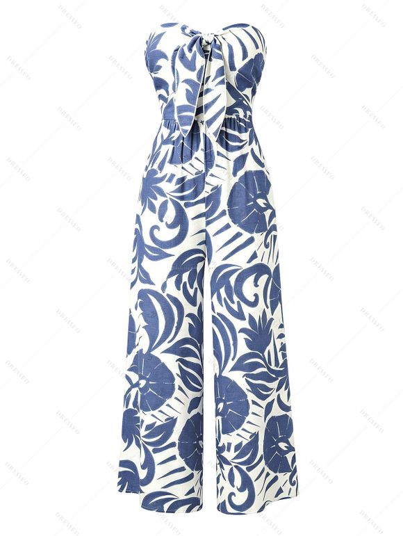 Vacation Couple Outfit Botanical Leaf Print Bowknot Off the Shoulder Jumpsuit and Shirt Set - Bleu clair S | US 4