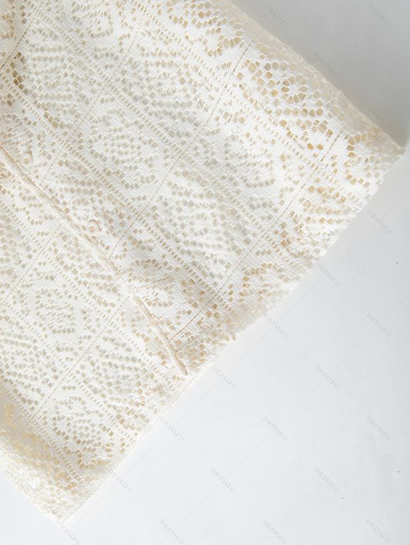 Men's Casual Shirt Solid Color Floral Lace Hollow Out Button Up Shirt - Blanc de Crème 3XL