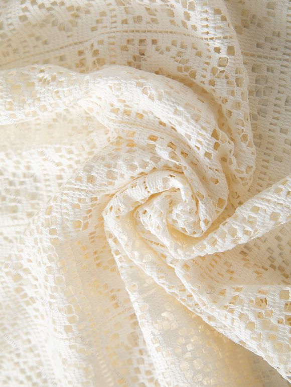 Men's Casual Shirt Solid Color Floral Lace Hollow Out Button Up Shirt - Blanc de Crème 3XL