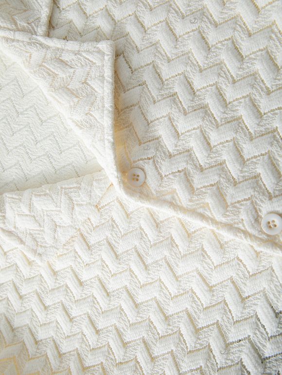 Men's Beach Shirt Zig Zag Hollow Out Cuban Collar Button Up Shirt - Blanc de Crème 3XL