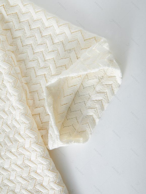 Men's Beach Shirt Zig Zag Hollow Out Cuban Collar Button Up Shirt - Blanc de Crème 3XL