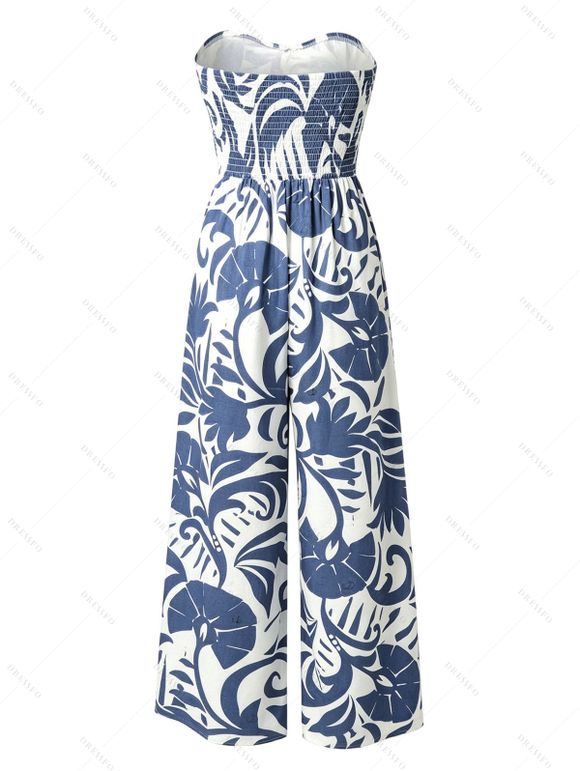 Vacation Jumpsuit Botanical Leaf Silhouette Print Bowknot Off the Shoulder Wide Leg Jumpsuit - Bleu clair XXXXL | US 18