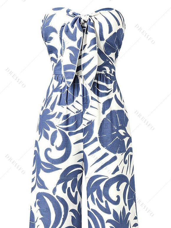 Vacation Jumpsuit Botanical Leaf Silhouette Print Bowknot Off the Shoulder Wide Leg Jumpsuit - Bleu clair XXXXL | US 18