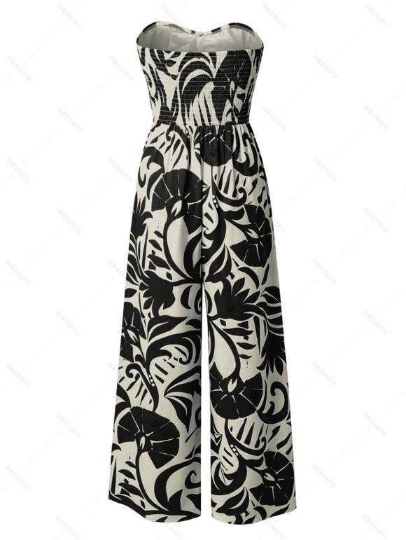 Vacation Jumpsuit Botanical Leaf Silhouette Print Bowknot Off the Shoulder Wide Leg Jumpsuit - Noir XXXL | US 16