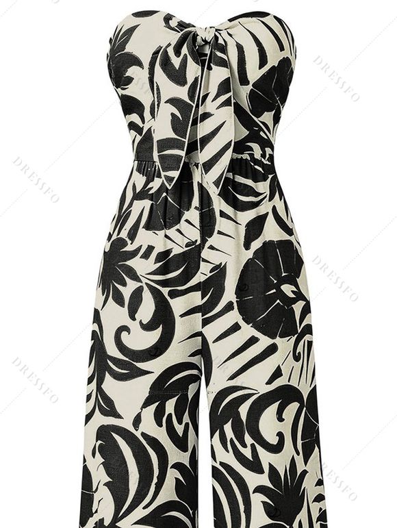 Vacation Jumpsuit Botanical Leaf Silhouette Print Bowknot Off the Shoulder Wide Leg Jumpsuit - Noir XXXL | US 16