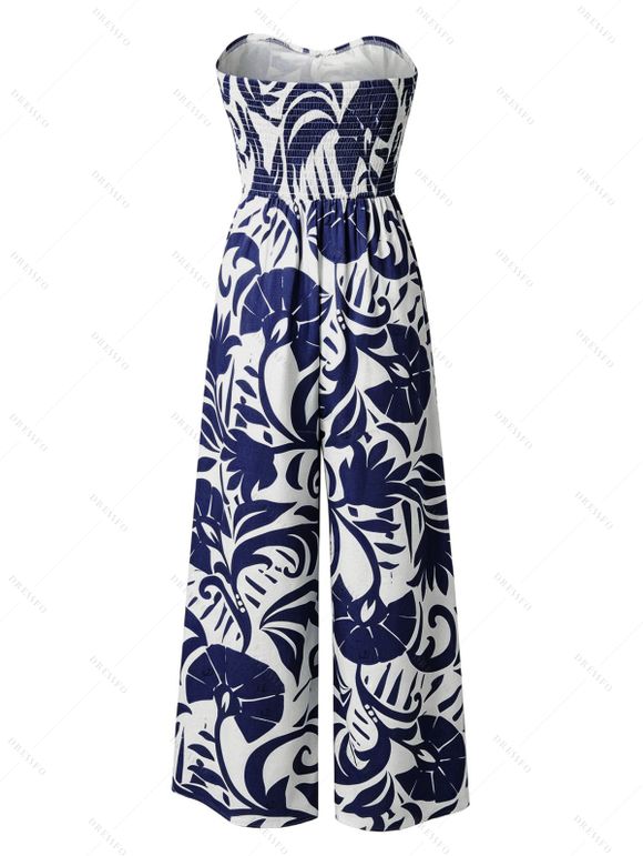 Combinaison de vacances à imprimé botanique et silhouette de feuilles, nœud papillon, épaules dénudées, jambes larges - Bleu profond XL | US 12
