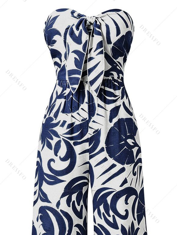 Combinaison de vacances à imprimé botanique et silhouette de feuilles, nœud papillon, épaules dénudées, jambes larges - Bleu profond XL | US 12