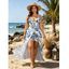 Vacation Skort Romper Hibiscus Floral Tropical Palm Leaf Print Surplice Lace Hollow Out Skort Romper - Bleu XXL | US 14