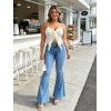 Bohemian Outfit Floral Lace Hollow Out Ruffle Scalloped Tied Cropped Tank Top and Lace Up Flare Jeans Set - multicolor S | US 4
