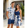 Vacation Couple Outfit Mermaid Dolphin Ship Ocean Elements Pattern Ruched Bust Belt Dress and Button Up Shirt Matching Outfit - Bleu S | US 4