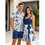 Vacation Couple Outfit Mermaid Dolphin Ship Ocean Elements Pattern Ruched Bust Belt Dress and Button Up Shirt Matching Outfit - Bleu S | US 4