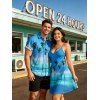 Vacation Couple Outfit Tropical Coconut Tree Pattern Ombre Spaghetti Strap A Line Tank Dress and Roll Up Sleeve Shirt Matching Outfit - Bleu S | US 4