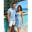Vacation Couple Outfit Allover Tropical Plant Leaf Pattern Ruched Bust Belt Sweetheart Neck A Line Mini Dress and Roll Up Sleeve Shirt Casual Matching Outfit - Vert clair S | US 4