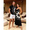 Vacation Couple Outfit Monochrome Floral Pattern Pocket A Line Long Dress and Roll Up Sleeve Button Up Shirt Matching Outfit - Noir S | US 4