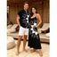 Vacation Couple Outfit Monochrome Floral Pattern Pocket A Line Long Dress and Roll Up Sleeve Button Up Shirt Matching Outfit - Noir S | US 4