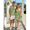 Vacation Couple Outfit Allover Hibiscus Floral Pattern Belt Ruched Bust Sweetheart Neck A Line Mini Dress and Roll Up Sleeve Shirt Casual Matching Outfit - Vert S | US 4