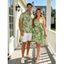 Vacation Couple Outfit Allover Hibiscus Floral Pattern Belt Ruched Bust Sweetheart Neck A Line Mini Dress and Roll Up Sleeve Shirt Casual Matching Outfit - Vert S | US 4