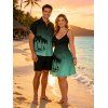 Vacation Couple Outfit Palm Tree Pattern Ombre Spaghetti Strap V Neck A Line Mini Tank Dress and Button Up Shirt Casual Matching Outfit - Vert profond S | US 4