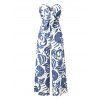 Vacation Jumpsuit Botanical Leaf Silhouette Print Bowknot Off the Shoulder Wide Leg Jumpsuit - Bleu clair M | US 6