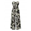Vacation Jumpsuit Botanical Leaf Silhouette Print Bowknot Off the Shoulder Wide Leg Jumpsuit - Noir XXXL | US 16