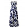 Combinaison de vacances à imprimé botanique et silhouette de feuilles, nœud papillon, épaules dénudées, jambes larges - Bleu profond XL | US 12