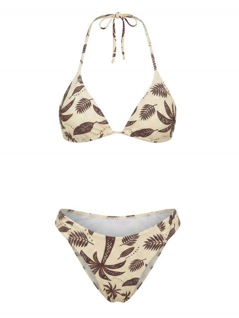 Vacation Beach Bikini Swimsuit Tropical Coconut Tree Print Halter High Cut Briefs Swimwear Set