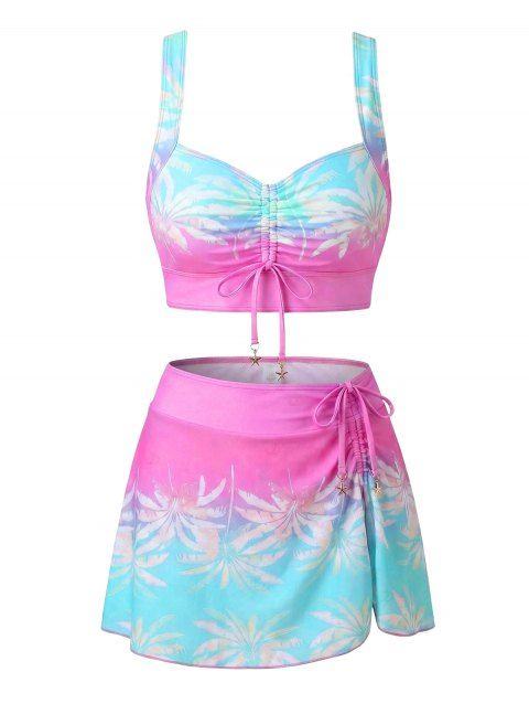 3pcs Vacation Tankini Swimsuit Ombre Palm Leaf Print Cinched Crossover Skirt Swimwear Set