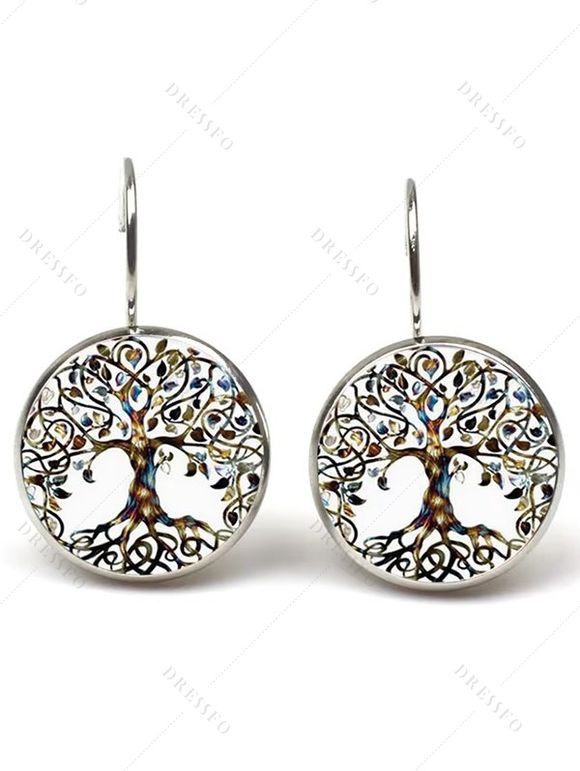 Boucles D'Oreilles Pendantes Motif Rond et Arbre de Vie Style Vintage - Argent 