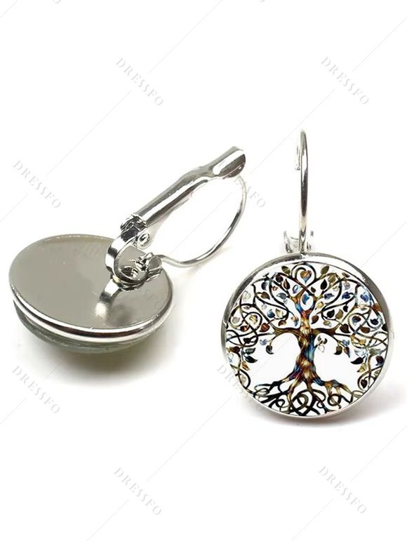 Boucles D'Oreilles Pendantes Motif Rond et Arbre de Vie Style Vintage - Argent 