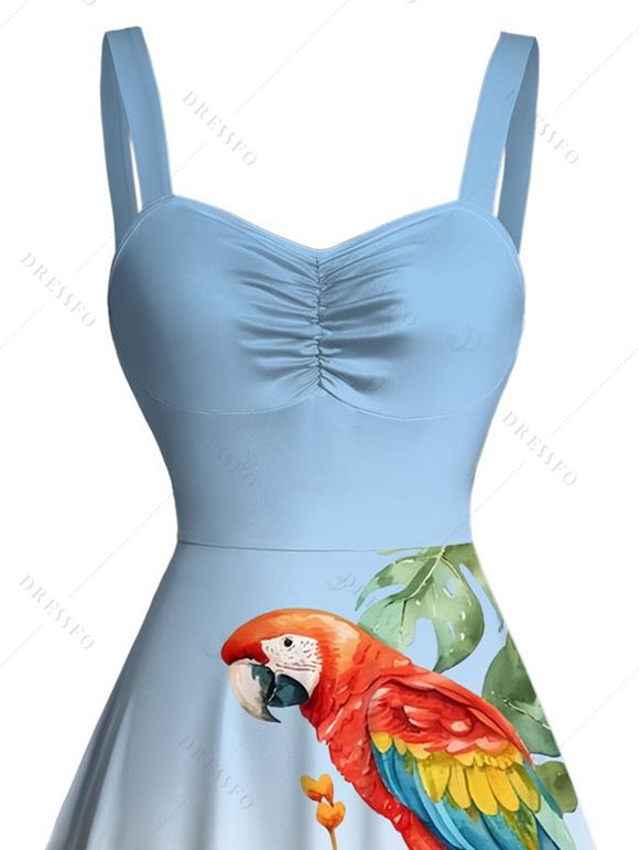 Vacation Dress Ombre Parrot Tropical Leaf Hibiscus Floral Print Ruched Bust Mini Dress - Bleu clair XXXXXL | US 20