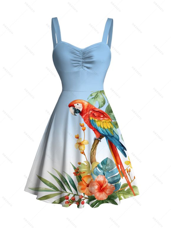 Vacation Couple Outfit Ombre Parrot Tropical Leaf Hibiscus Floral Print Ruched Bust Dress and Shirt Set - Bleu Poudre S | US 4