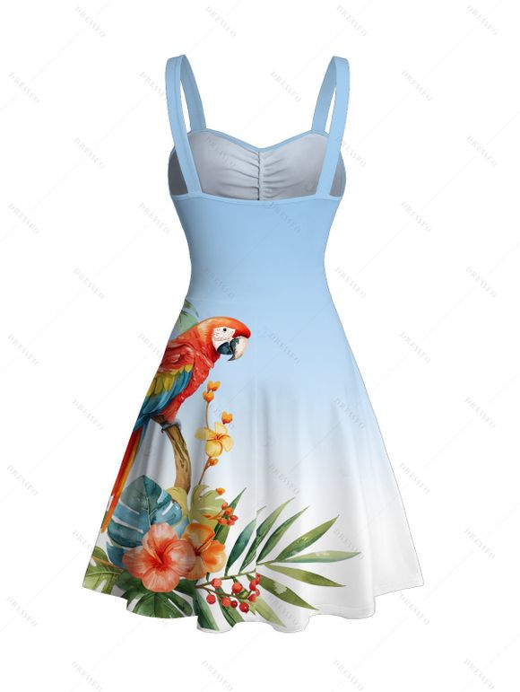 Vacation Couple Outfit Ombre Parrot Tropical Leaf Hibiscus Floral Print Ruched Bust Dress and Shirt Set - Bleu Poudre S | US 4