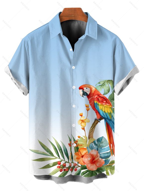 Vacation Couple Outfit Ombre Parrot Tropical Leaf Hibiscus Floral Print Ruched Bust Dress and Shirt Set - Bleu Poudre S | US 4