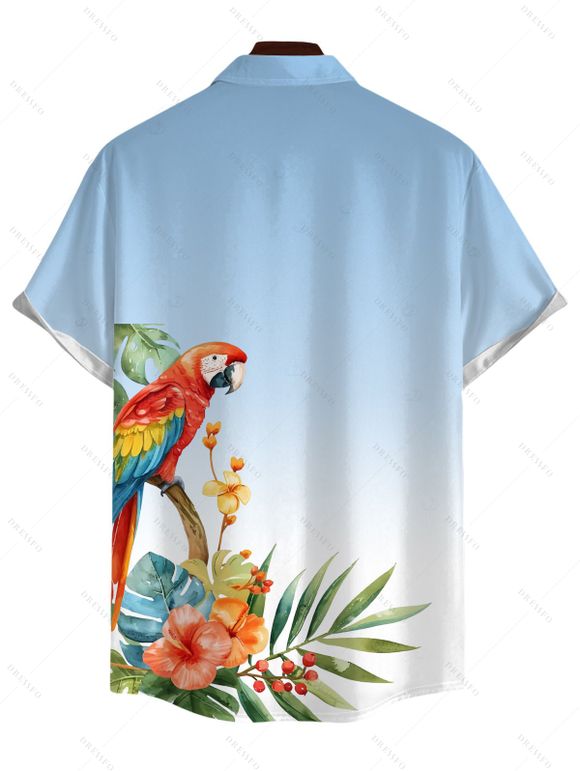 Vacation Couple Outfit Ombre Parrot Tropical Leaf Hibiscus Floral Print Ruched Bust Dress and Shirt Set - Bleu Poudre S | US 4