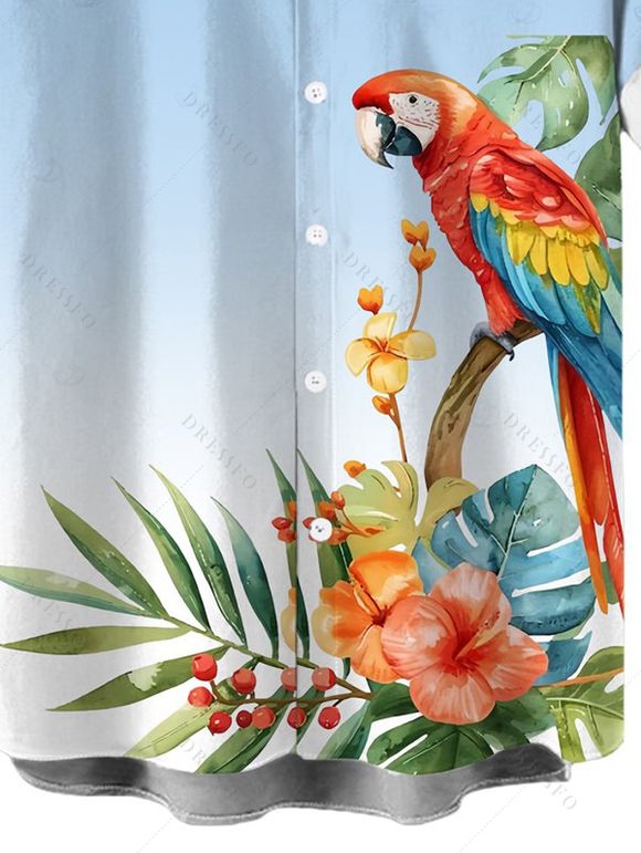 Men's Vacation Shirt Ombre Parrot Tropical Leaf Hibiscus Floral Print Button Up Beach Shirt - Bleu Poudre 5XL