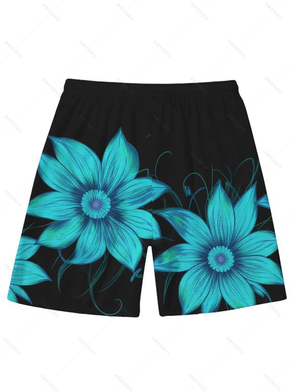 Men's Beach Vacation Shorts Tropical Sunflower Print Drawstring Straight Shorts - Noir 5XL