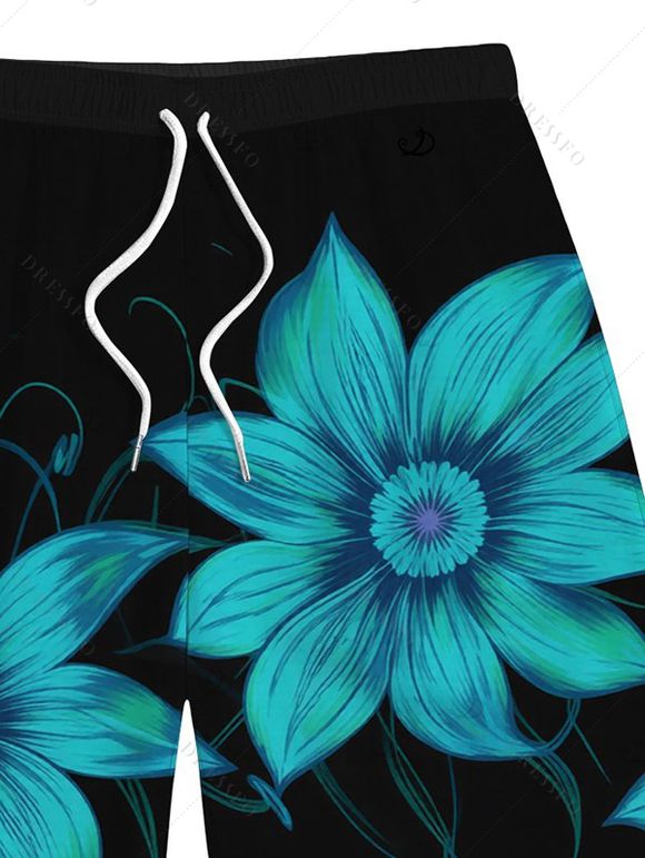 Men's Beach Vacation Shorts Tropical Sunflower Print Drawstring Straight Shorts - Noir 5XL