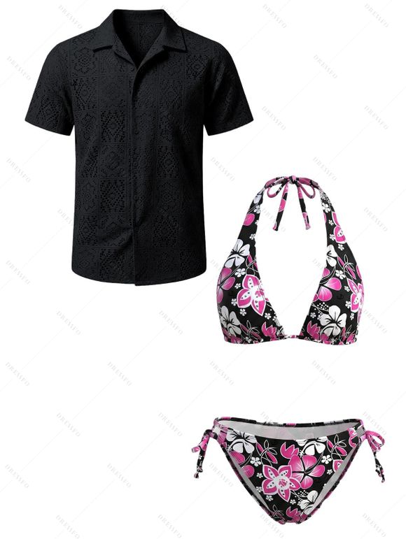 Vacation Couple Outfit Bicolor Tropical Hibiscus Floral Print Tied Halter Bikini Swimsuit and Hollow Out Shirt Set - Noir S | US 4