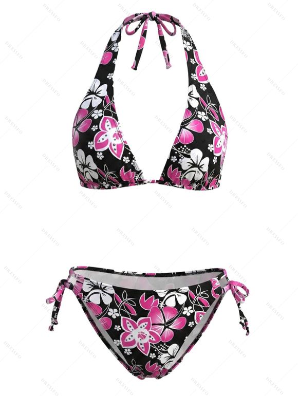 Vacation Couple Outfit Bicolor Tropical Hibiscus Floral Print Tied Halter Bikini Swimsuit and Hollow Out Shirt Set - Noir S | US 4