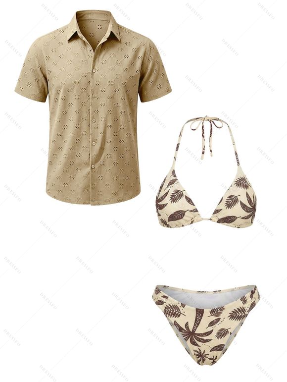 Beach Vacation Couple Outfit Tropical Coconut Tree Print Halter Bikini Swimsuit and Hollow Out Shirt Set - café lumière S | US 4