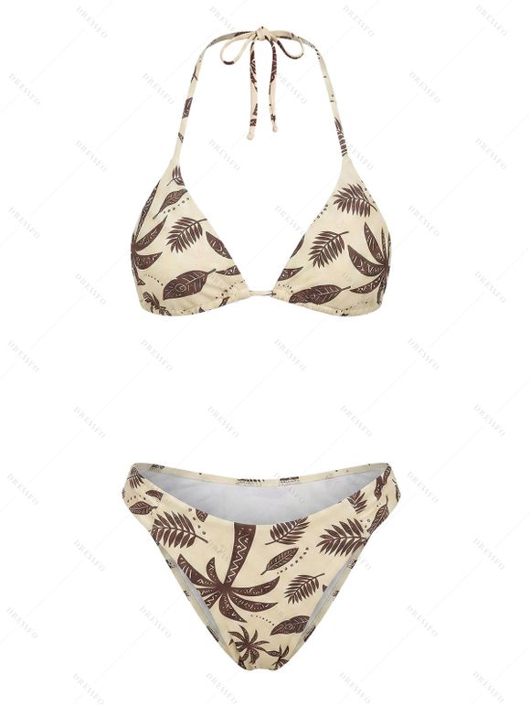 Beach Vacation Couple Outfit Tropical Coconut Tree Print Halter Bikini Swimsuit and Hollow Out Shirt Set - café lumière S | US 4