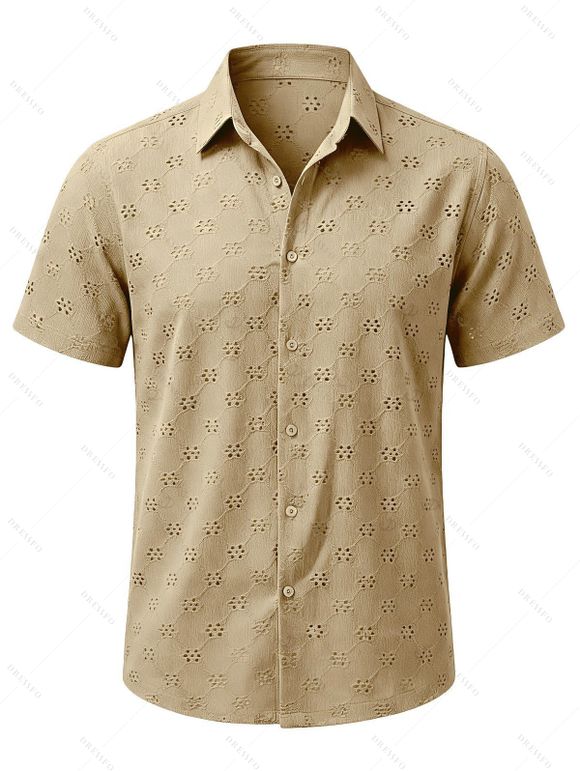 Beach Vacation Couple Outfit Tropical Coconut Tree Print Halter Bikini Swimsuit and Hollow Out Shirt Set - café lumière S | US 4