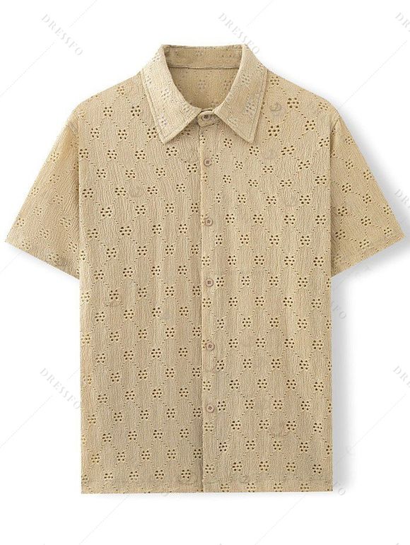 Beach Vacation Couple Outfit Tropical Coconut Tree Print Halter Bikini Swimsuit and Hollow Out Shirt Set - café lumière S | US 4