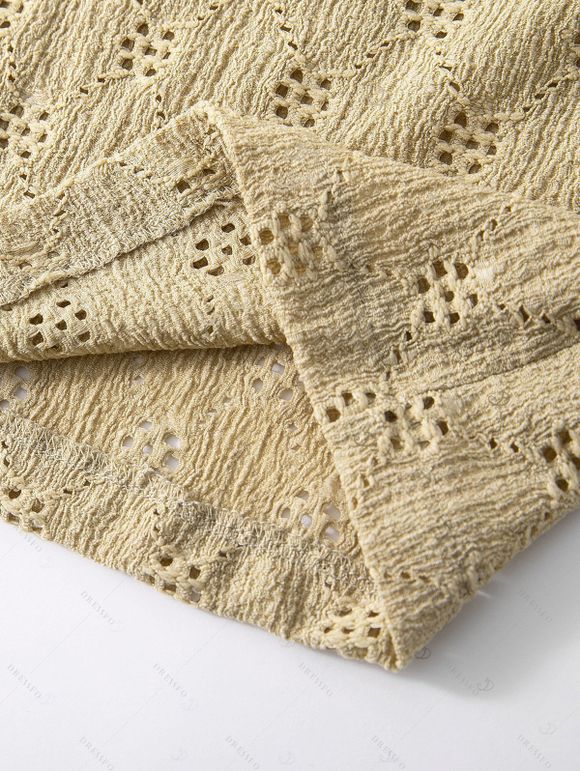 Beach Vacation Couple Outfit Tropical Coconut Tree Print Halter Bikini Swimsuit and Hollow Out Shirt Set - café lumière S | US 4