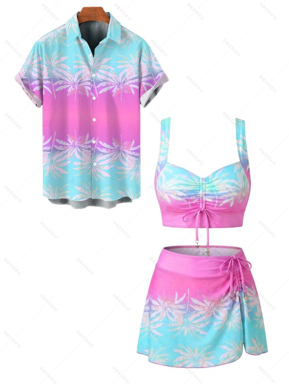 Beach Vacation Couple Outfit Ombre Palm Leaf Print Cinched Crossover Skirt 3pcs Tankini Swimsuit and Shirt Set - Rose Vif S | US 4