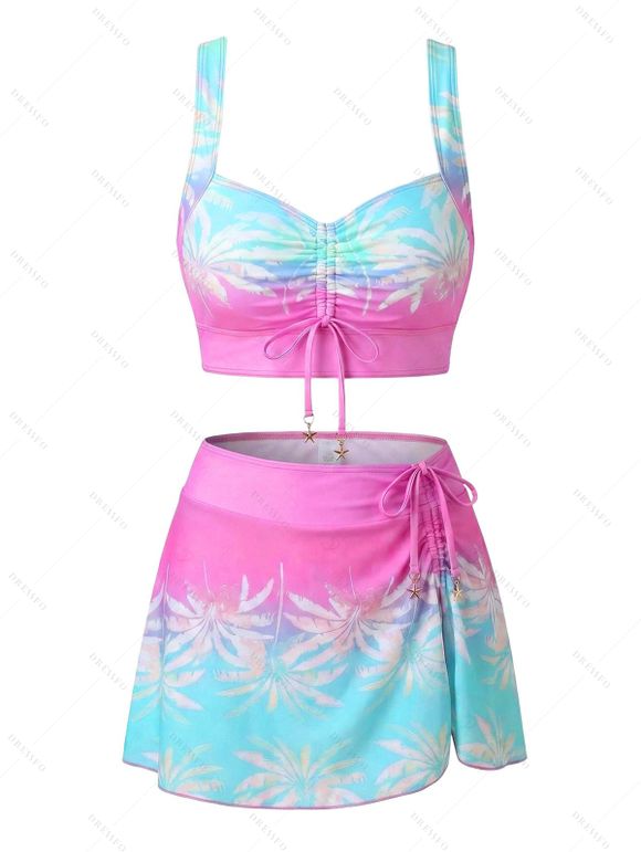 Beach Vacation Couple Outfit Ombre Palm Leaf Print Cinched Crossover Skirt 3pcs Tankini Swimsuit and Shirt Set - Rose Vif S | US 4